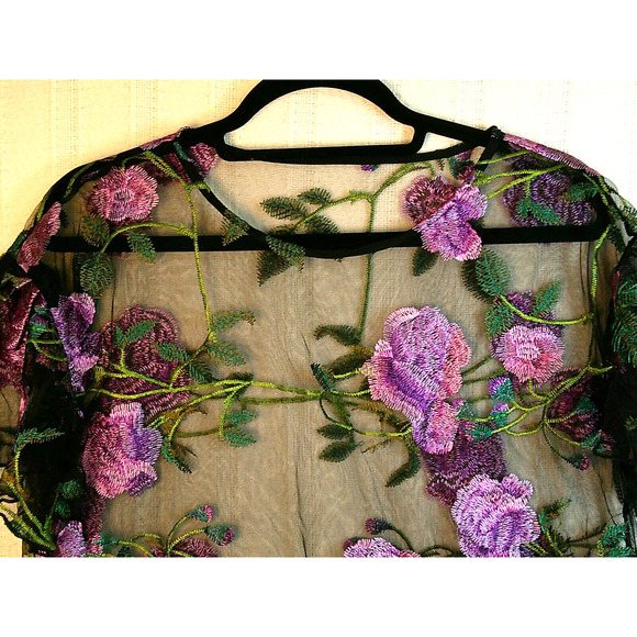 Black Sheer Mesh Purple Floral Embroidered Blouse -Whimsigoth Fairy-Medium - Picture 3 of 5